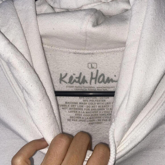 Keith Haring white graphic hoodie mens L vintage 90s streetwear art sweatshirt - Picture 4 of 4